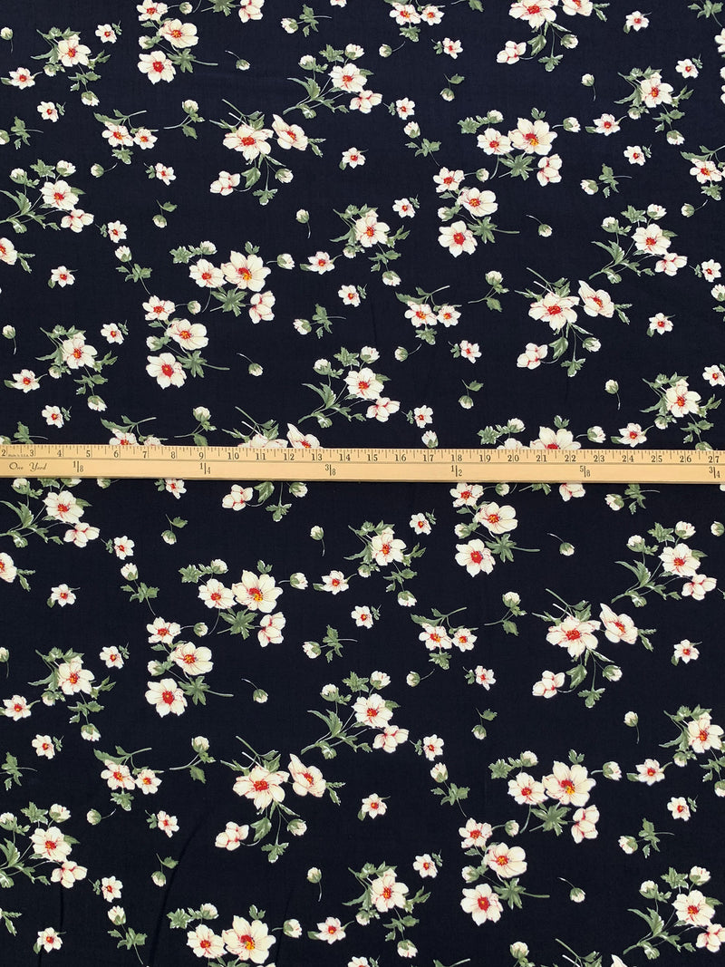 Dark Navy/Rifle Green/White 100% Rayon Floral Print Challis 43W