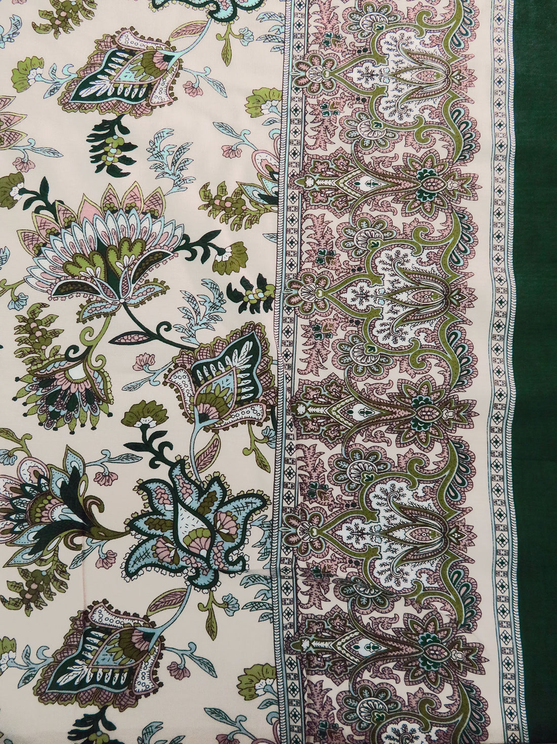 Dark Phthalo Green/Dusty Wheat/Misty Rain/Multi 100% Rayon Single Border Folk Floral Print Challis 44W
