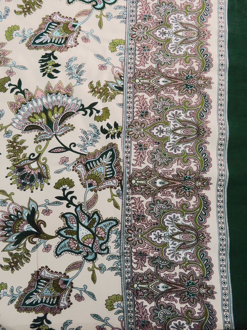 Dark Phthalo Green/Dusty Wheat/Misty Rain/Multi 100% Rayon Single Border Folk Floral Print Challis 44W
