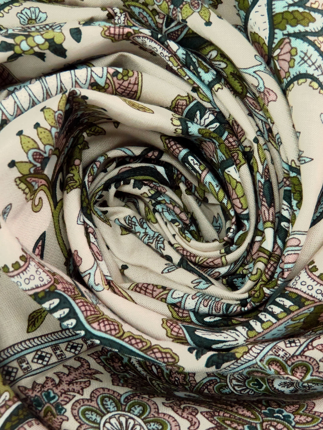 Dark Phthalo Green/Dusty Wheat/Misty Rain/Multi 100% Rayon Single Border Folk Floral Print Challis 44W