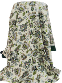 Dark Phthalo Green/Dusty Wheat/Misty Rain/Multi 100% Rayon Single Border Folk Floral Print Challis 44W