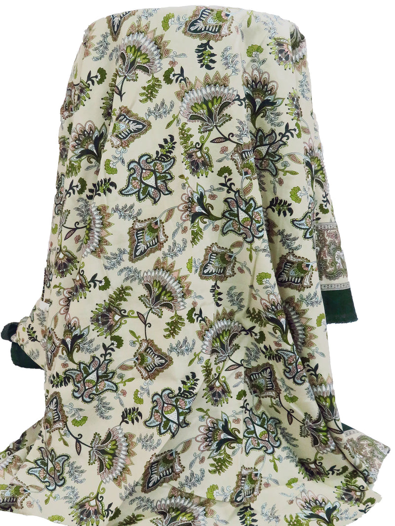 Dark Phthalo Green/Dusty Wheat/Misty Rain/Multi 100% Rayon Single Border Folk Floral Print Challis 44W