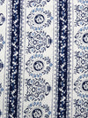 White/Midnight Navy/Dark Cornflower 100% Rayon Folk Motif Vertical Stripe Print Challis 44W