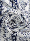 White/Midnight Navy/Dark Cornflower 100% Rayon Folk Motif Vertical Stripe Print Challis 44W