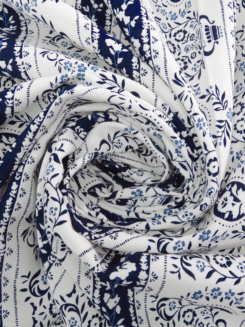 White/Midnight Navy/Dark Cornflower 100% Rayon Folk Motif Vertical Stripe Print Challis 44W