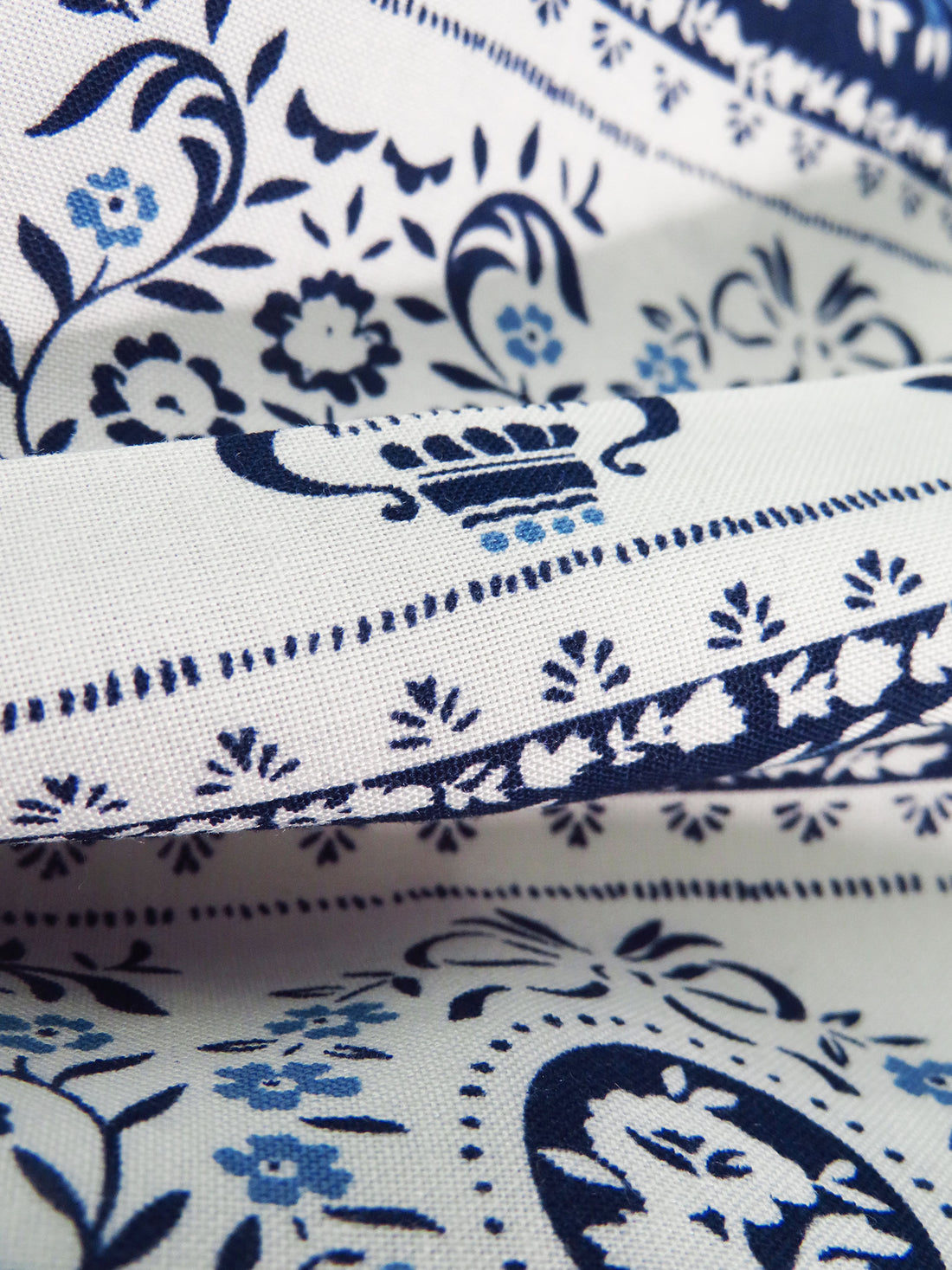 White/Midnight Navy/Dark Cornflower 100% Rayon Folk Motif Vertical Stripe Print Challis 44W