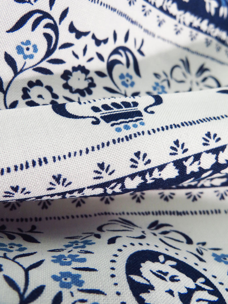 White/Midnight Navy/Dark Cornflower 100% Rayon Folk Motif Vertical Stripe Print Challis 44W