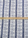White/Midnight Navy/Dark Cornflower 100% Rayon Folk Motif Vertical Stripe Print Challis 44W