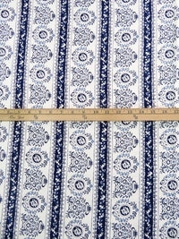 White/Midnight Navy/Dark Cornflower 100% Rayon Folk Motif Vertical Stripe Print Challis 44W