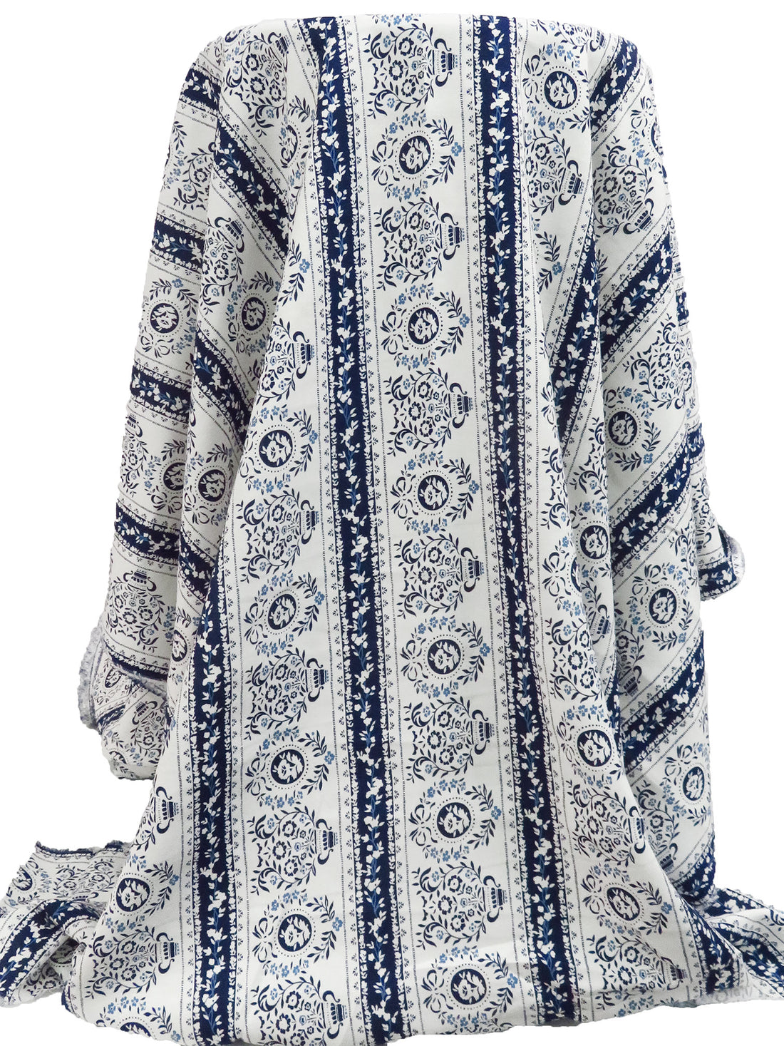 White/Midnight Navy/Dark Cornflower 100% Rayon Folk Motif Vertical Stripe Print Challis 44W