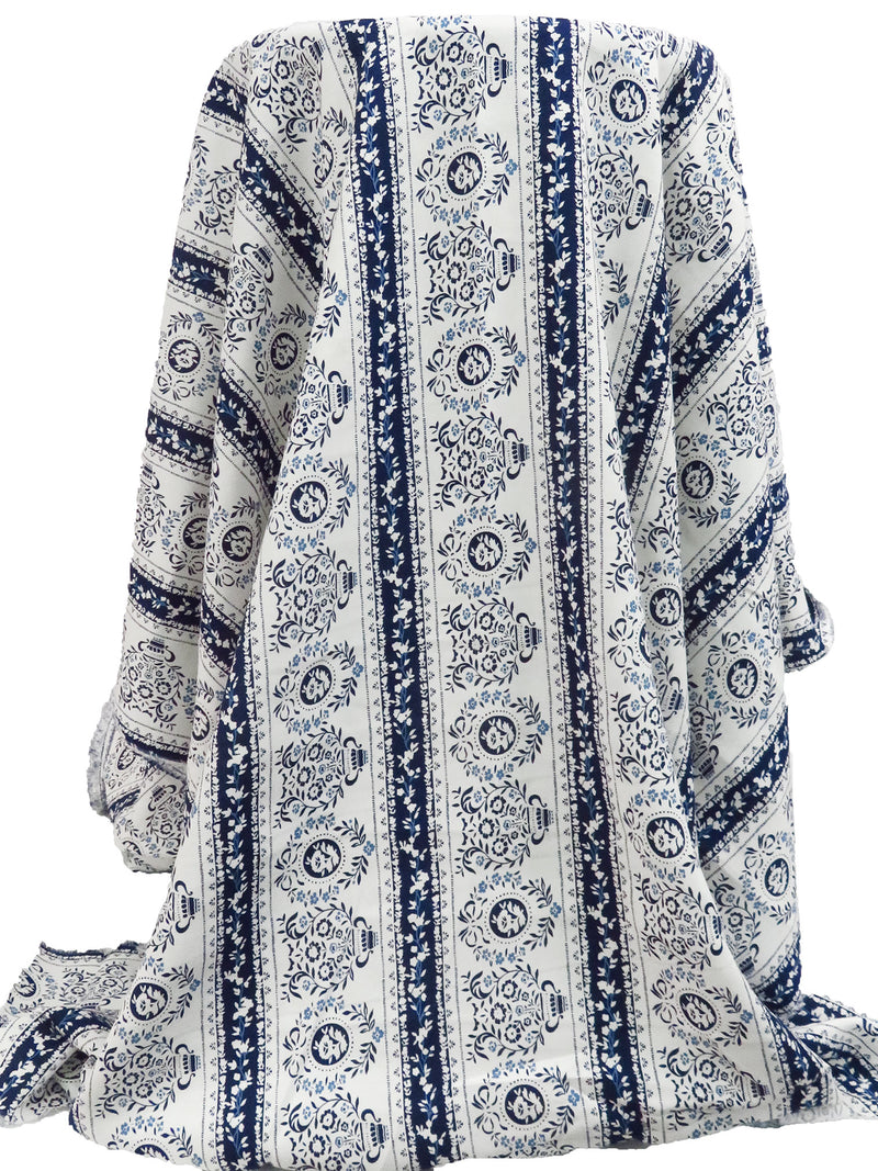 White/Midnight Navy/Dark Cornflower 100% Rayon Folk Motif Vertical Stripe Print Challis 44W