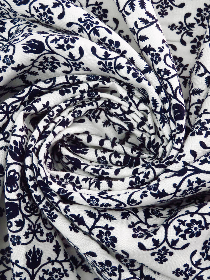 Dark Midnight Blue/White 100% Rayon Floral Damask Print Challis 44W