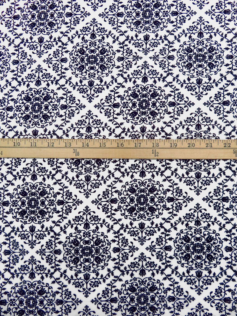 Dark Midnight Blue/White 100% Rayon Floral Damask Print Challis 44W