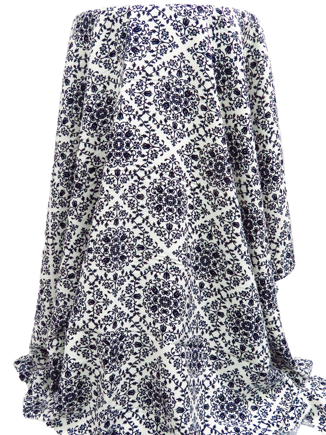 Dark Midnight Blue/White 100% Rayon Floral Damask Print Challis 44W