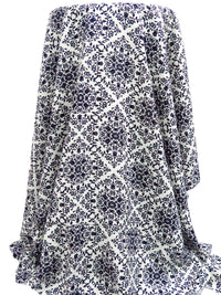 Dark Midnight Blue/White 100% Rayon Floral Damask Print Challis 44W