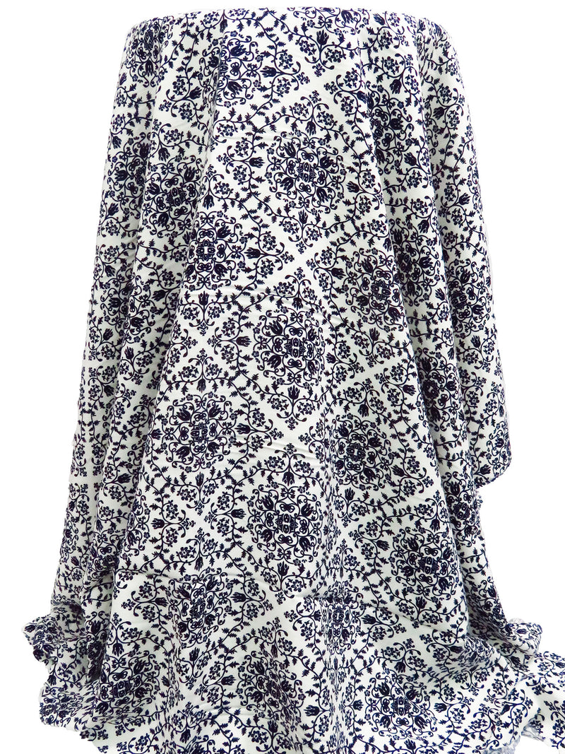 Dark Midnight Blue/White 100% Rayon Floral Damask Print Challis 44W