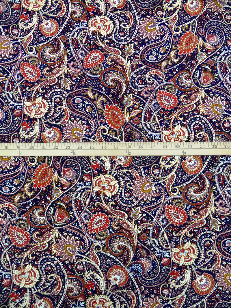 Dark Navy Blue/Almond/Burnt Red/Multi 100% Rayon Paisley Print Challis 44W
