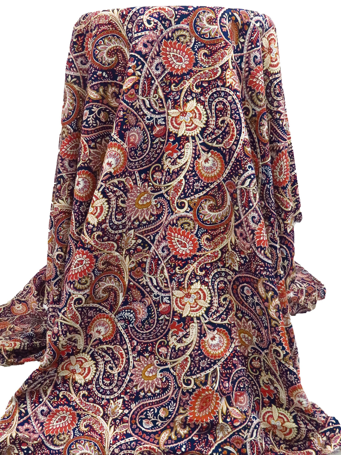 Dark Navy Blue/Almond/Burnt Red/Multi 100% Rayon Paisley Print Challis 44W