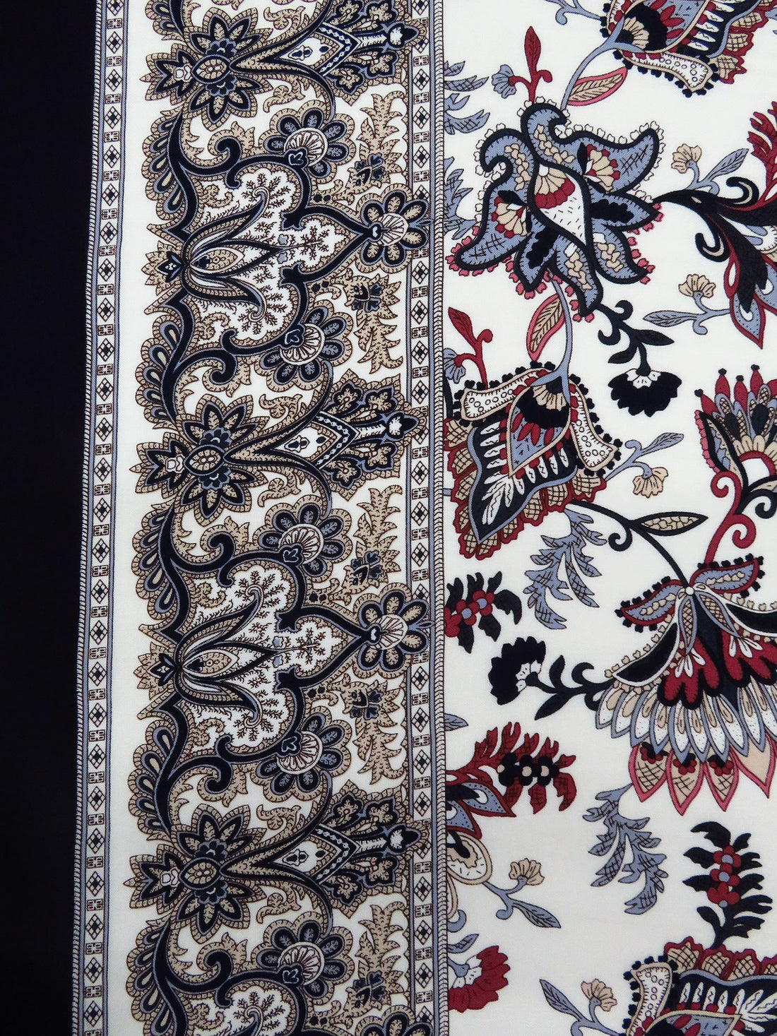 Soft White/Midnight Navy/Sappenwood/Multi 100% Rayon Single Border Folk Floral Print Challis 42W