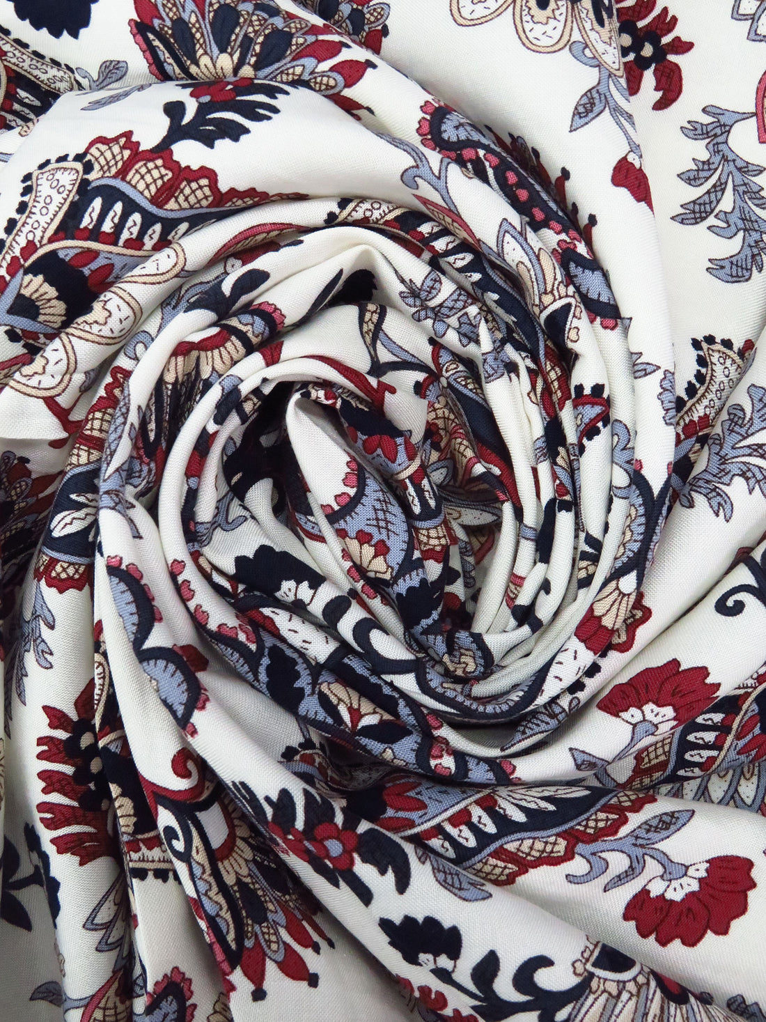 Soft White/Midnight Navy/Sappenwood/Multi 100% Rayon Single Border Folk Floral Print Challis 42W