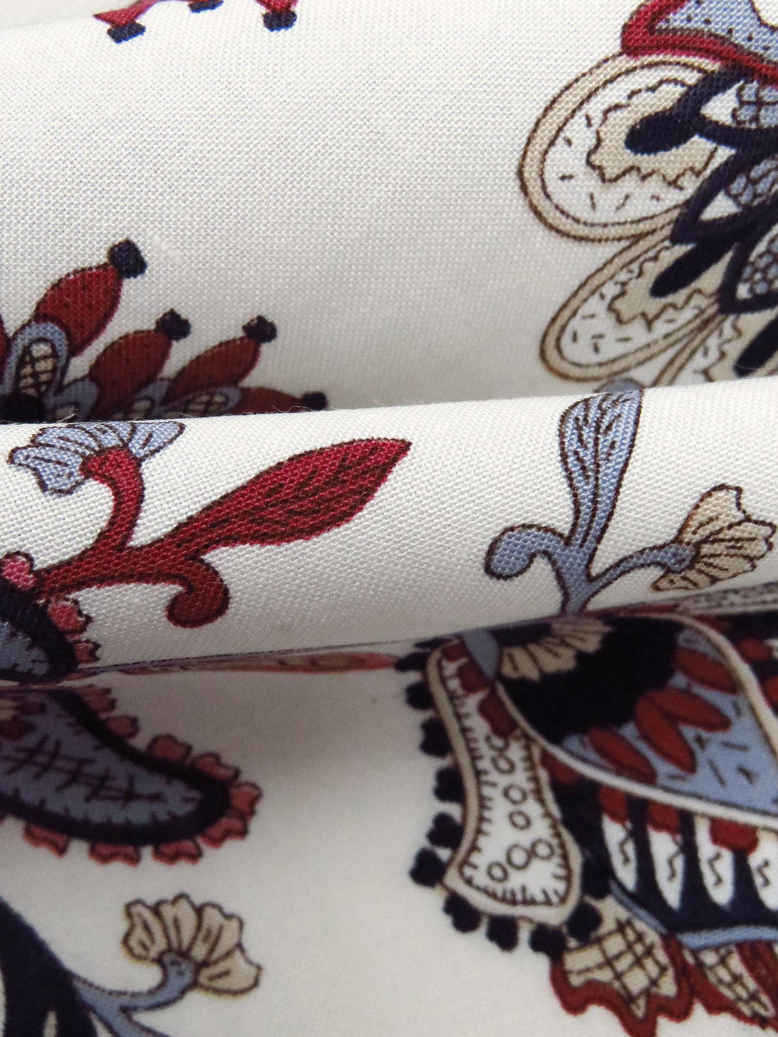 Soft White/Midnight Navy/Sappenwood/Multi 100% Rayon Single Border Folk Floral Print Challis 42W