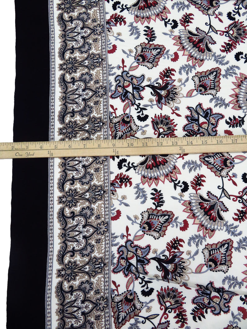 Soft White/Midnight Navy/Sappenwood/Multi 100% Rayon Single Border Folk Floral Print Challis 42W