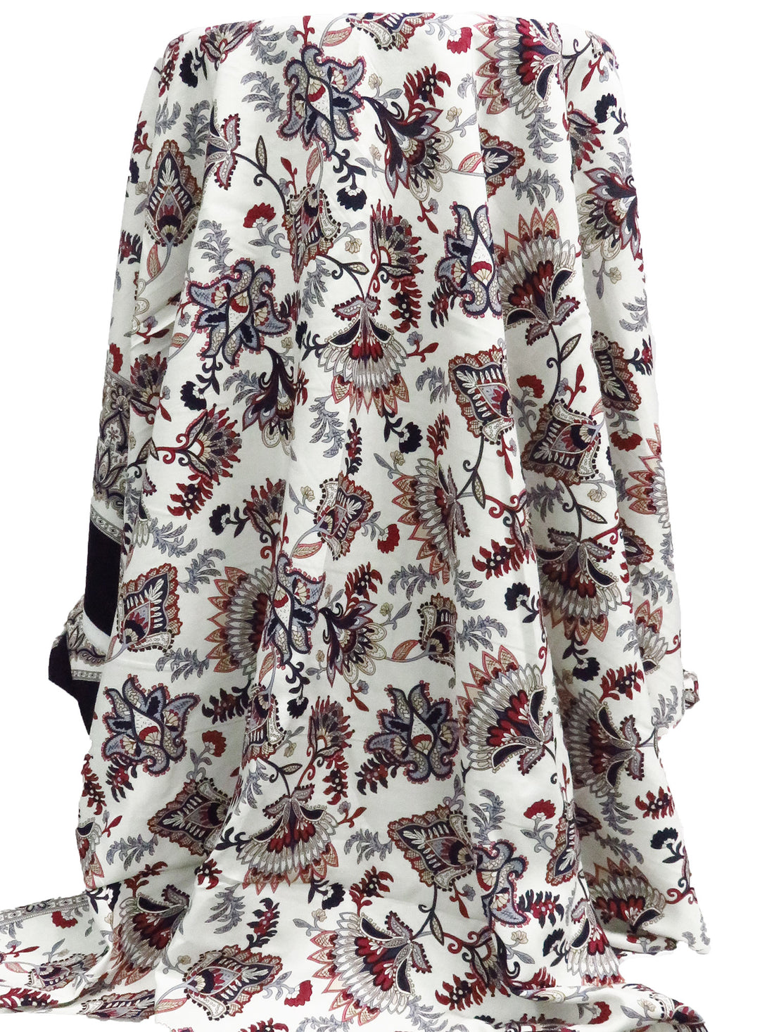 Soft White/Midnight Navy/Sappenwood/Multi 100% Rayon Single Border Folk Floral Print Challis 42W