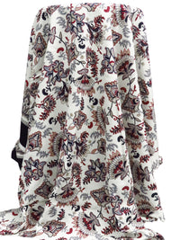 Soft White/Midnight Navy/Sappenwood/Multi 100% Rayon Single Border Folk Floral Print Challis 42W