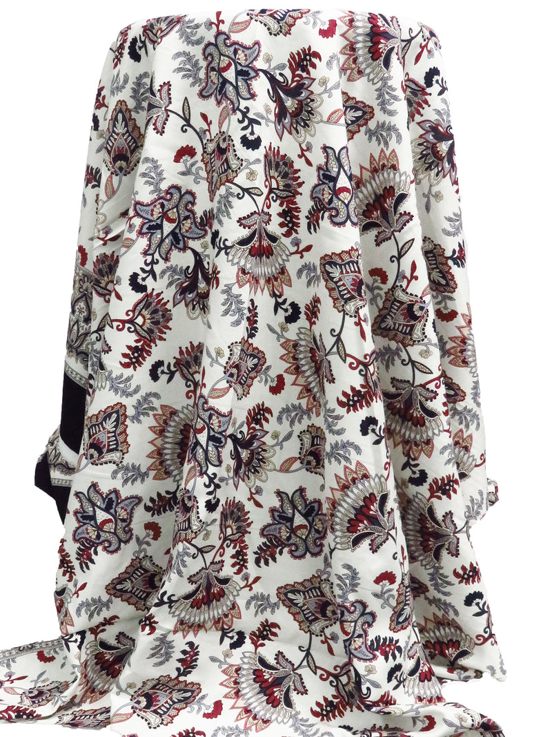 Soft White/Midnight Navy/Sappenwood/Multi 100% Rayon Single Border Folk Floral Print Challis 42W