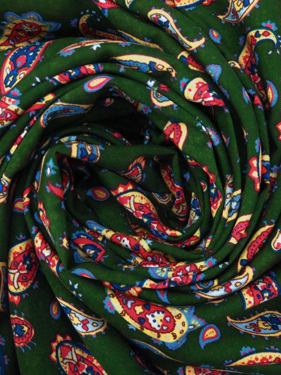 Deep Forest Green/Cornflower/Corn/Multi 100% Rayon Paisley Print Challis 44W