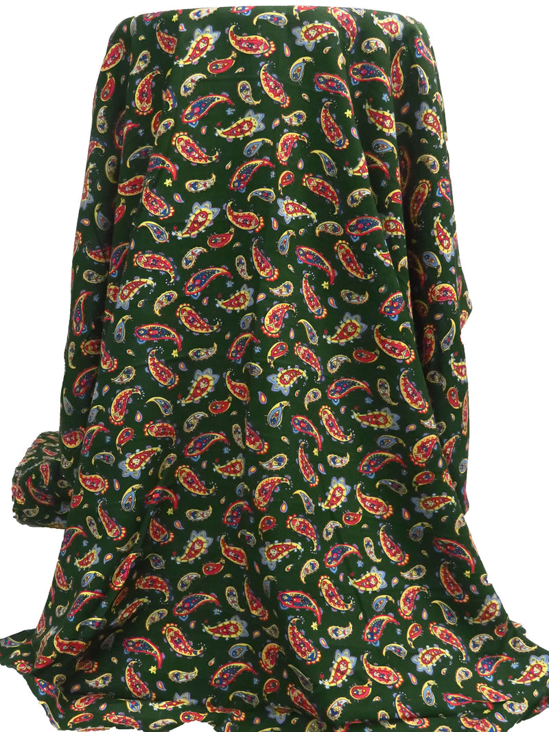Deep Forest Green/Cornflower/Corn/Multi 100% Rayon Paisley Print Challis 44W