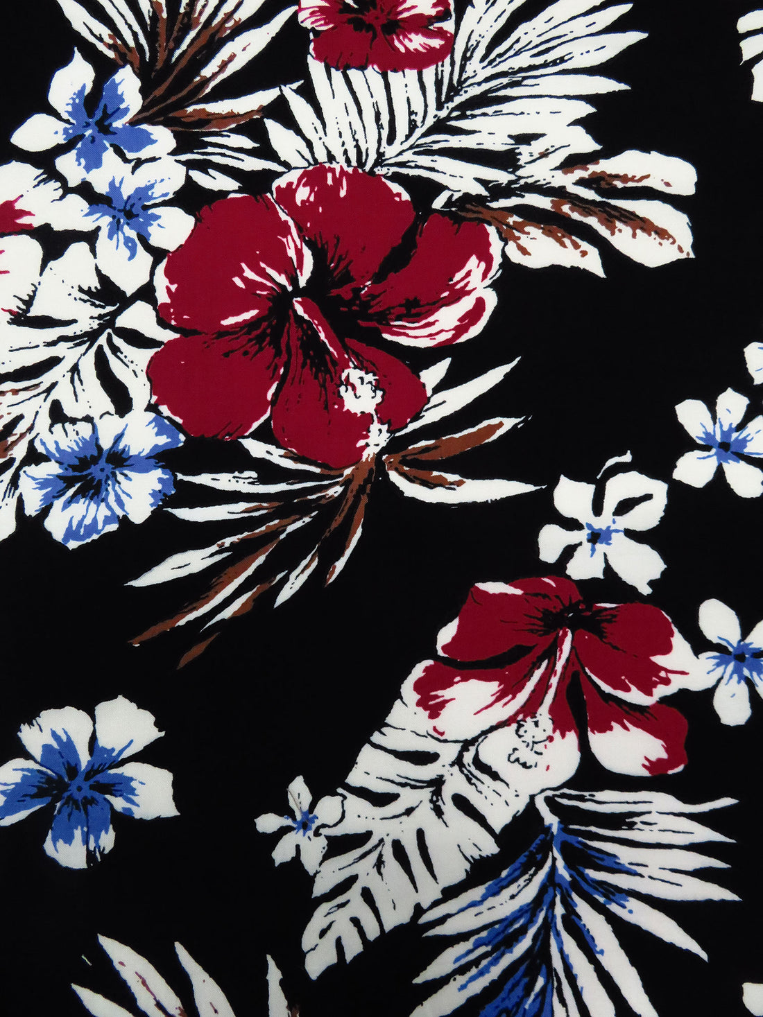 Black/Off-White/Dark Crimson/Dark Cornflower 100% Rayon Tropical Floral Print Challis 44W