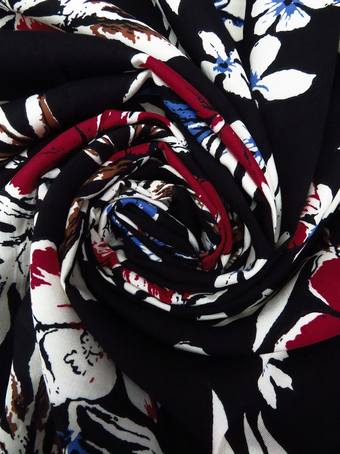 Black/Off-White/Dark Crimson/Dark Cornflower 100% Rayon Tropical Floral Print Challis 44W