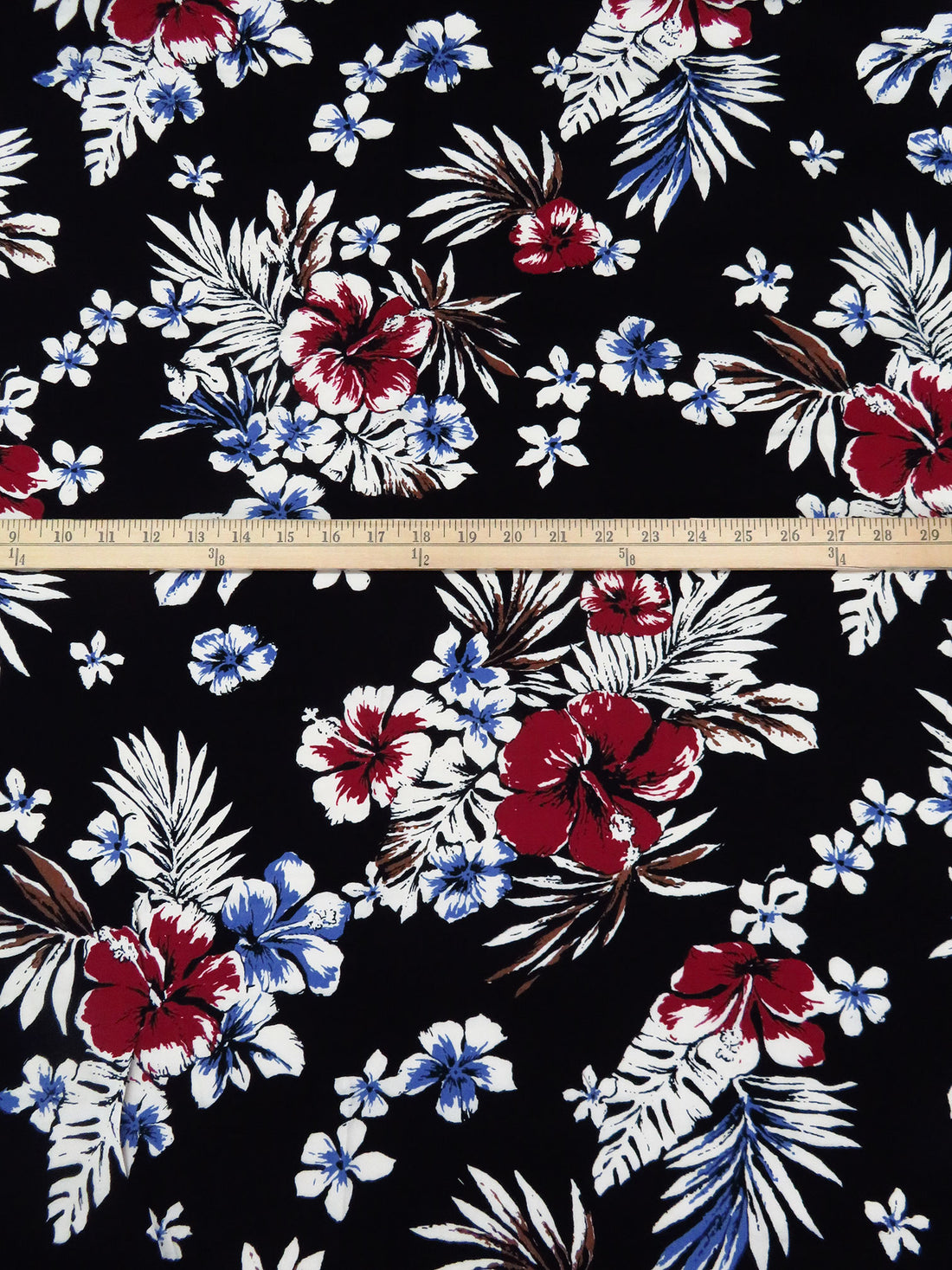 Black/Off-White/Dark Crimson/Dark Cornflower 100% Rayon Tropical Floral Print Challis 44W