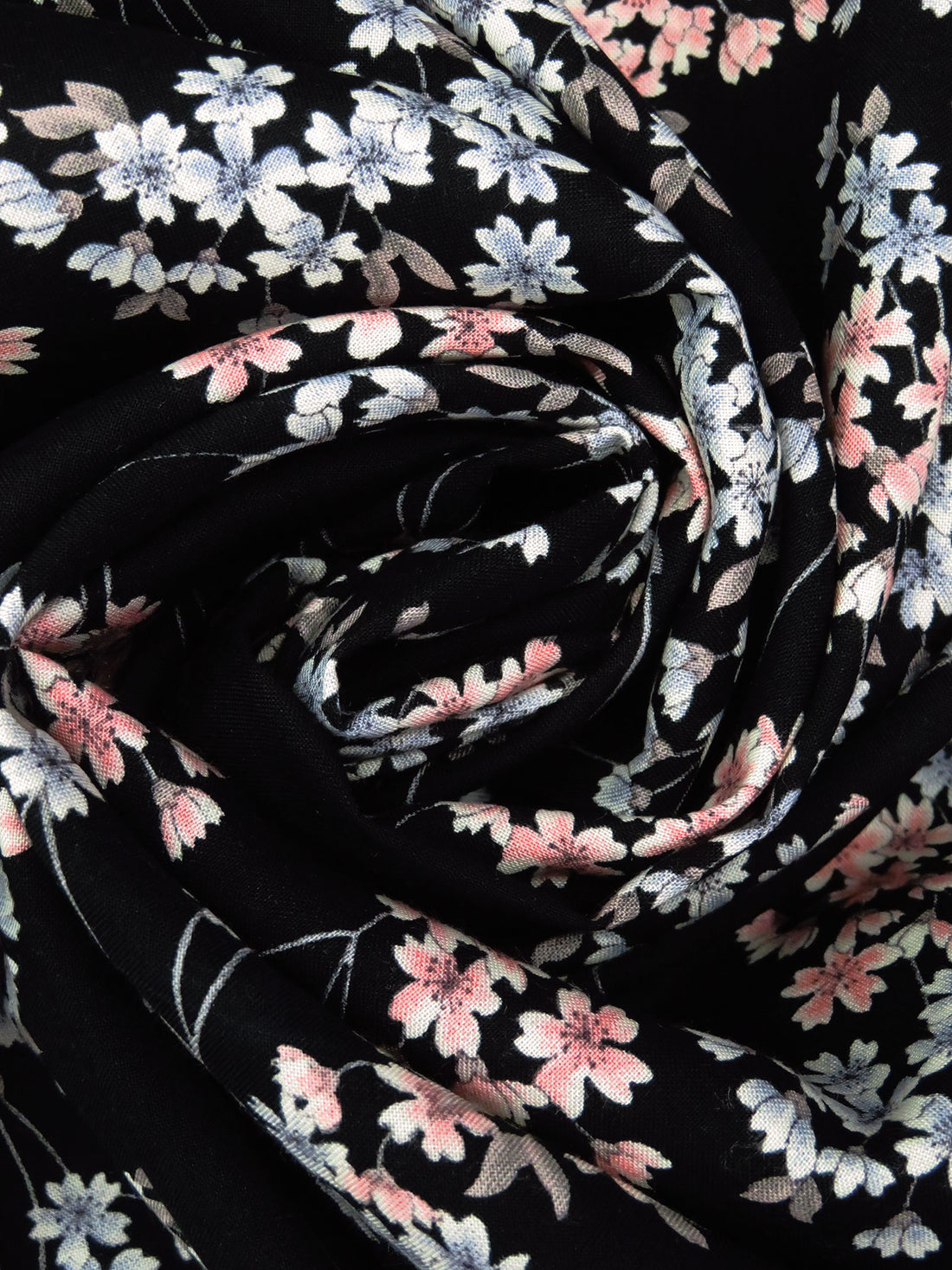 Black/Melon/Light Steel Blue/Multi 100% Rayon Floral Stems Print Challis 44W