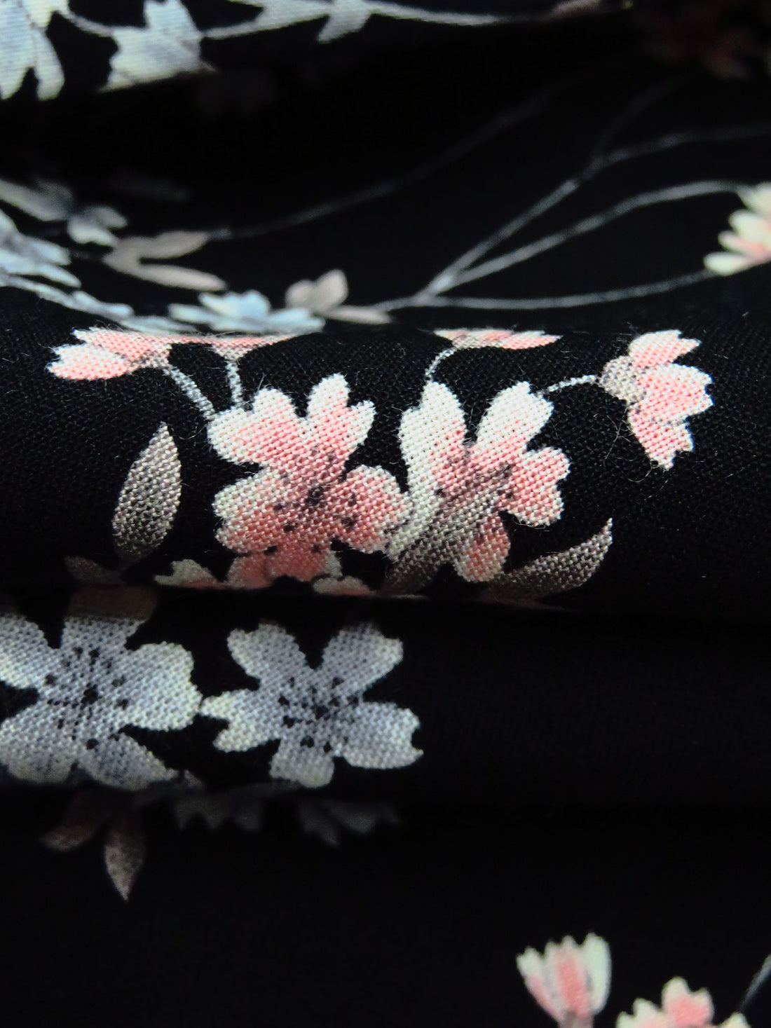 Black/Melon/Light Steel Blue/Multi 100% Rayon Floral Stems Print Challis 44W