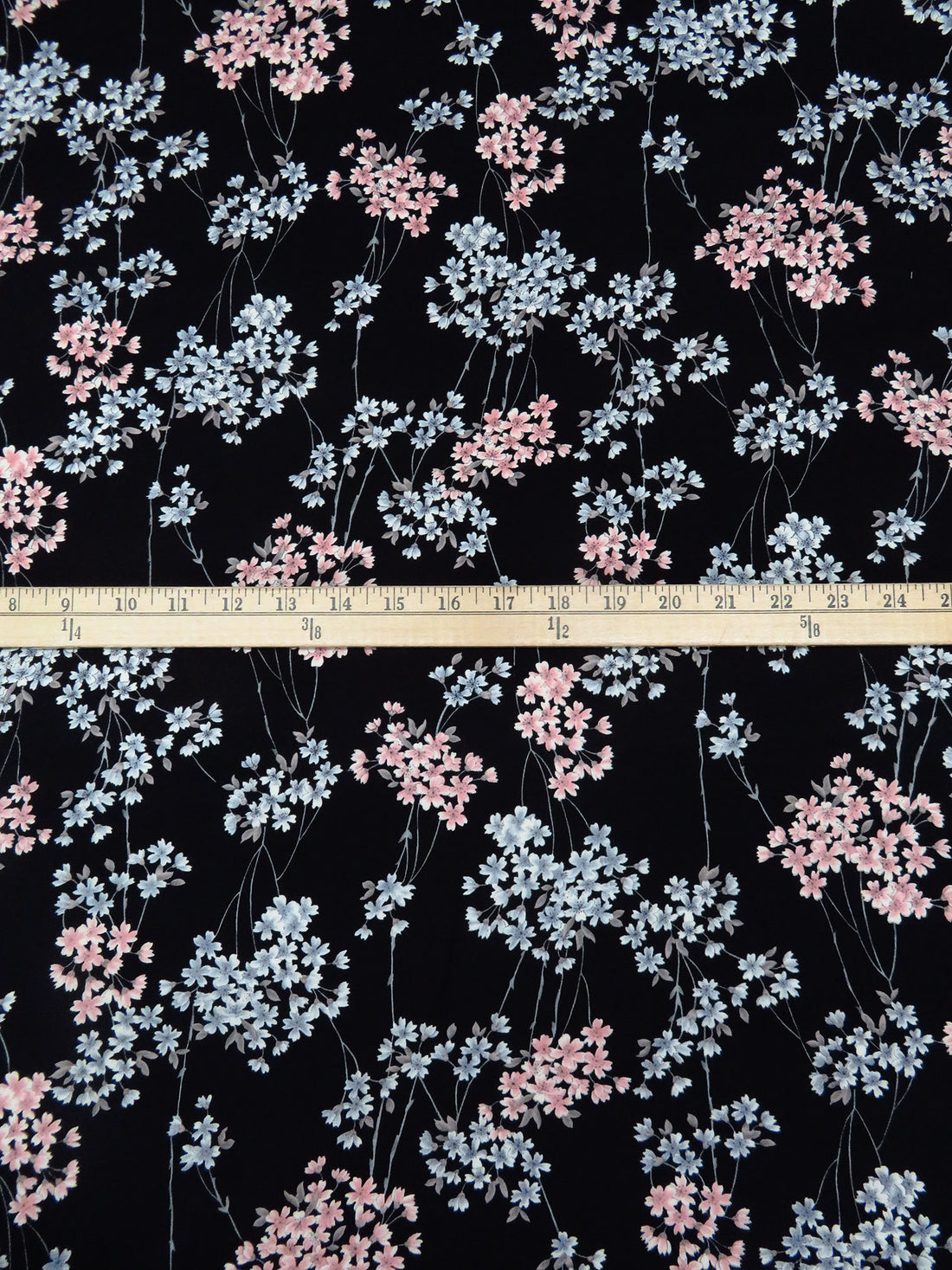 Black/Melon/Light Steel Blue/Multi 100% Rayon Floral Stems Print Challis 44W