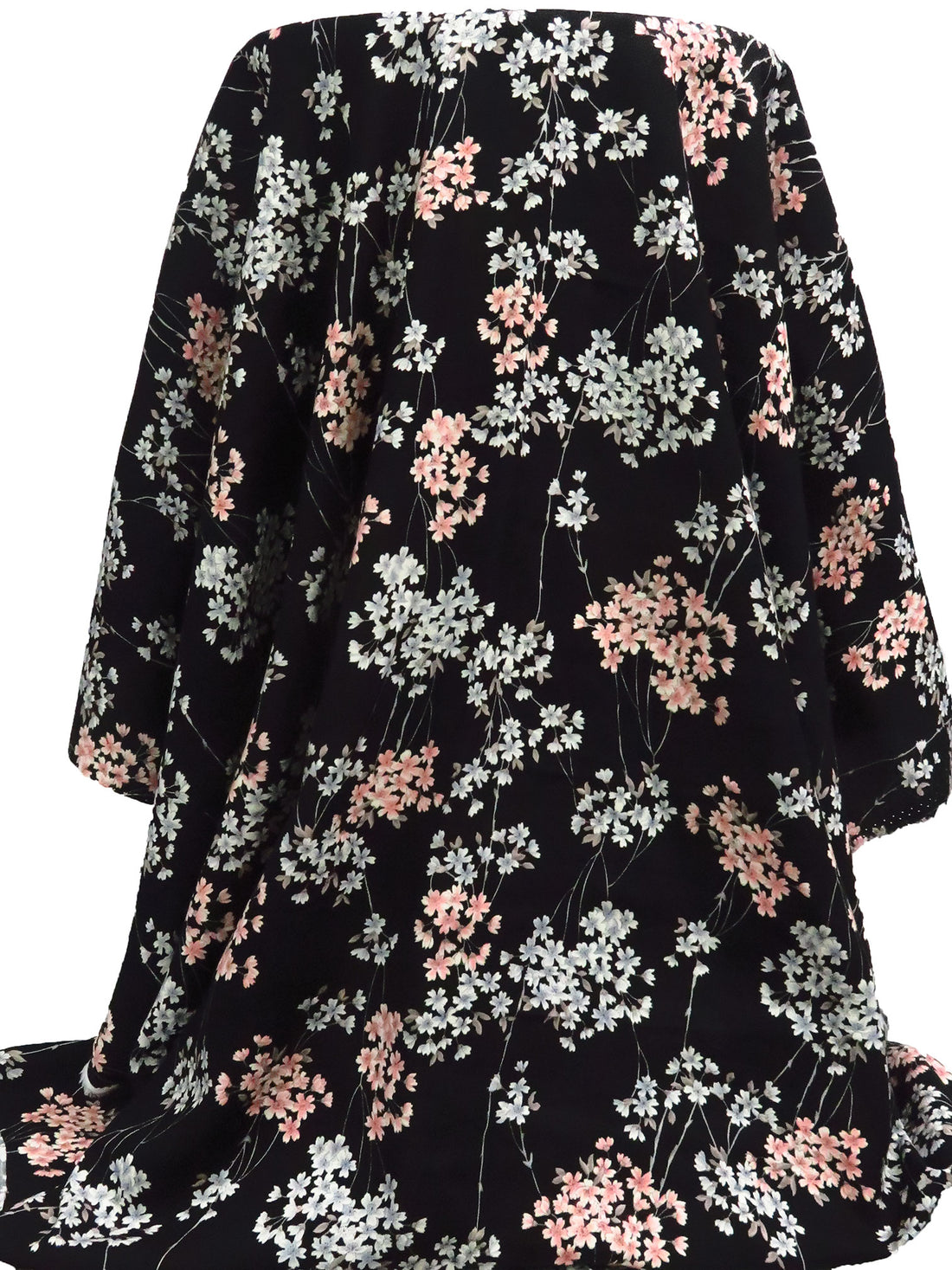 Black/Melon/Light Steel Blue/Multi 100% Rayon Floral Stems Print Challis 44W