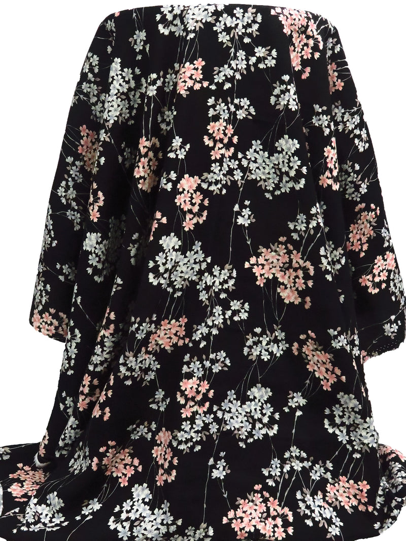 Black/Melon/Light Steel Blue/Multi 100% Rayon Floral Stems Print Challis 44W