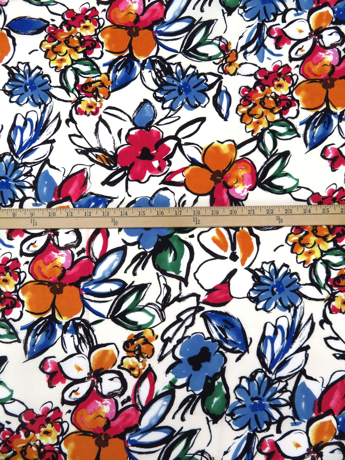 White/Steel Blue/Orche/Multi 100% Rayon Large Painterly Floral Print Challis 44W