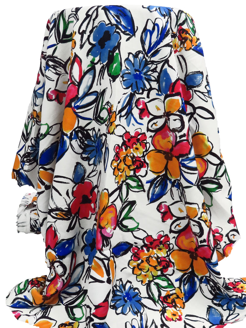 White/Steel Blue/Orche/Multi 100% Rayon Large Painterly Floral Print Challis 44W