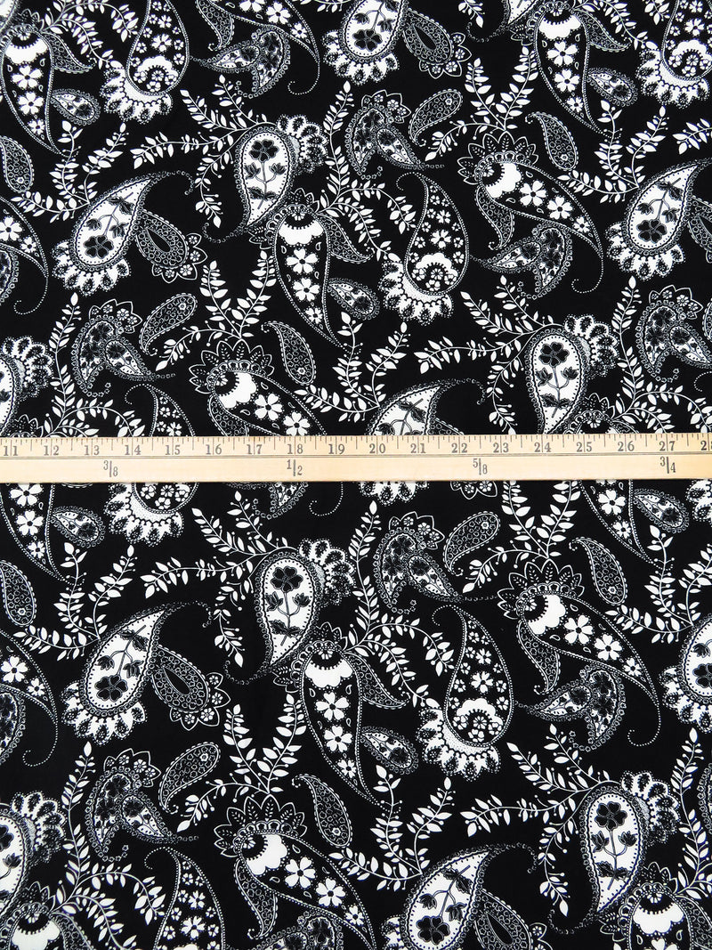 Black/Off-White 100% Rayon Paisley & Vine Print Challis 44W