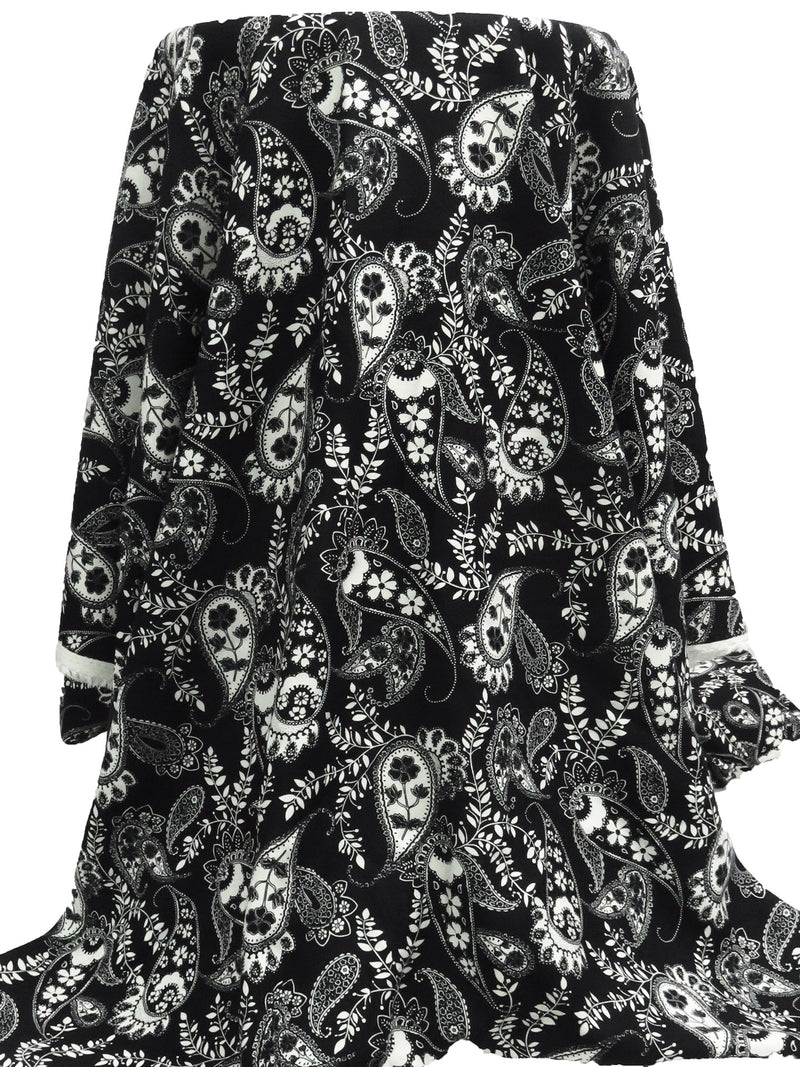 Black/Off-White 100% Rayon Paisley & Vine Print Challis 44W