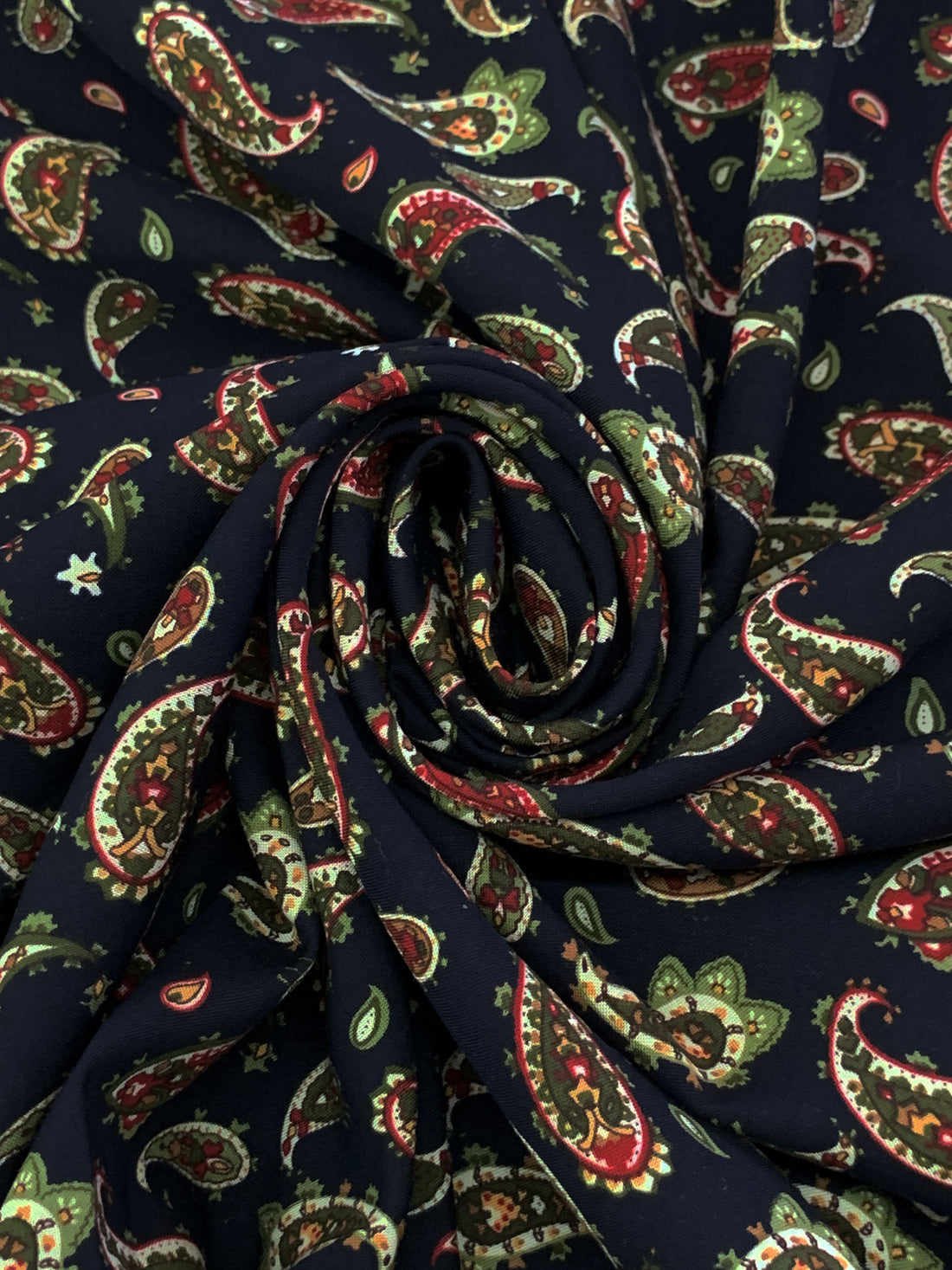 Midnight Navy/Bistre Brown/Cream 100% Rayon Paisley Print Challis 43W