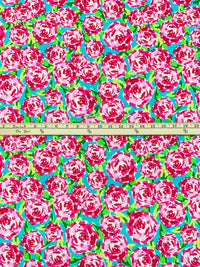 Pacific Blue/Crimson Red/Lime/Multi 100% Cotton Painterly Floral Print Quilt-Weight Woven 42W