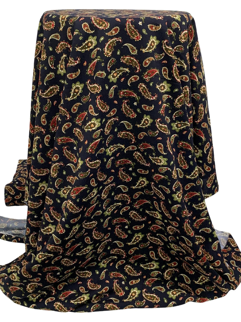 Midnight Navy/Bistre Brown/Cream 100% Rayon Paisley Print Challis 43W
