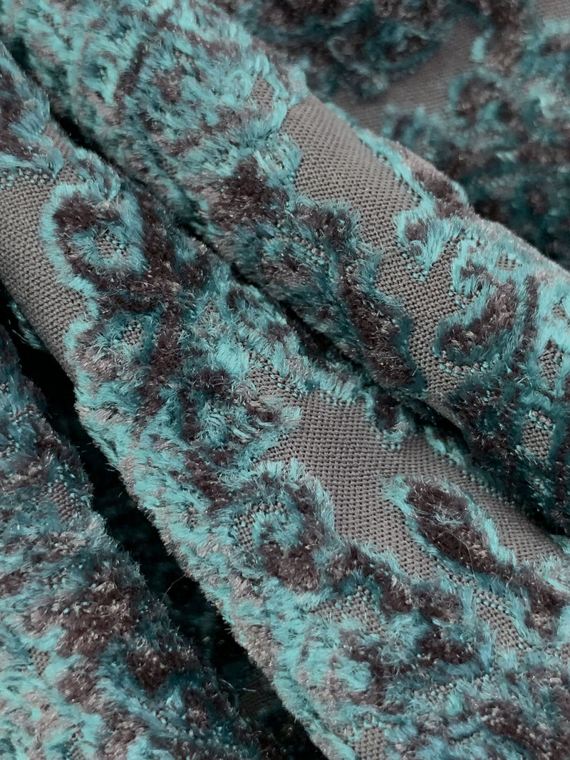 Turquoise Blue/Graphite Gray Polyester/Lycra Ornate Paisley Burnout Velvet Knit 46W