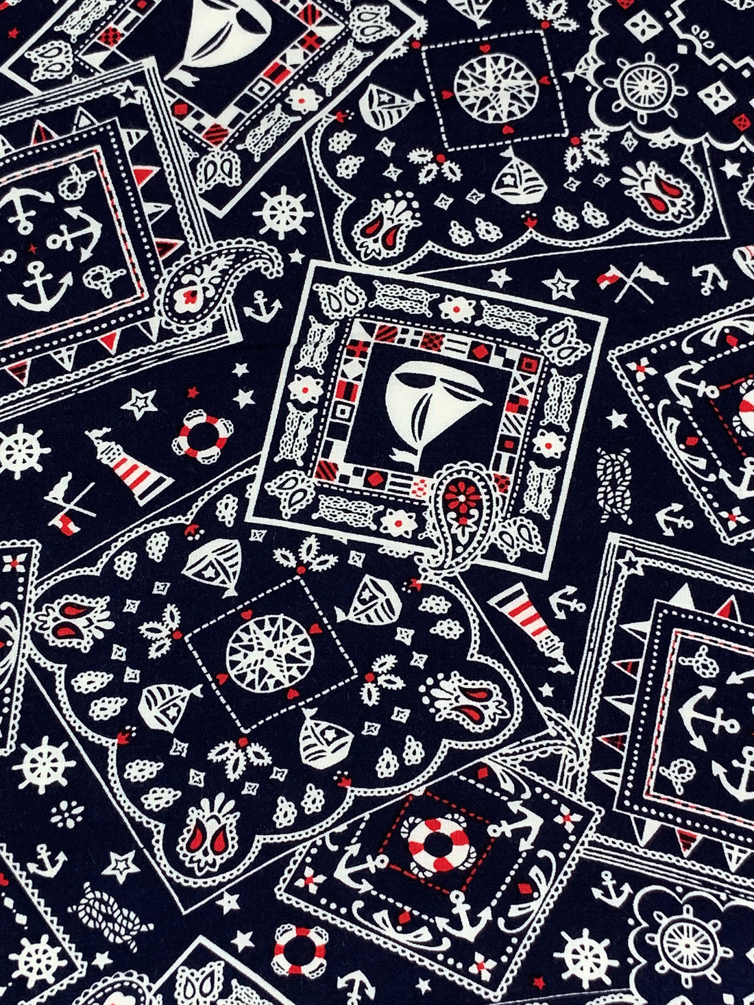 Dark Navy/White/Red 100% Rayon Stylized Nautical Print Challis 43W