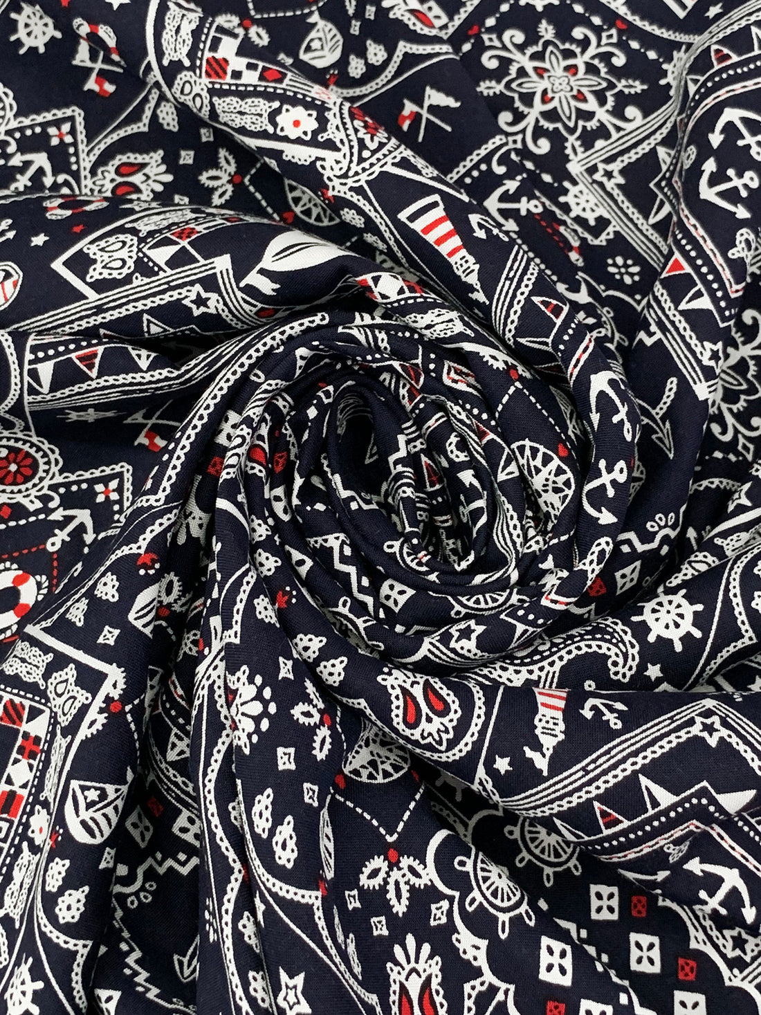 Dark Navy/White/Red 100% Rayon Stylized Nautical Print Challis 43W