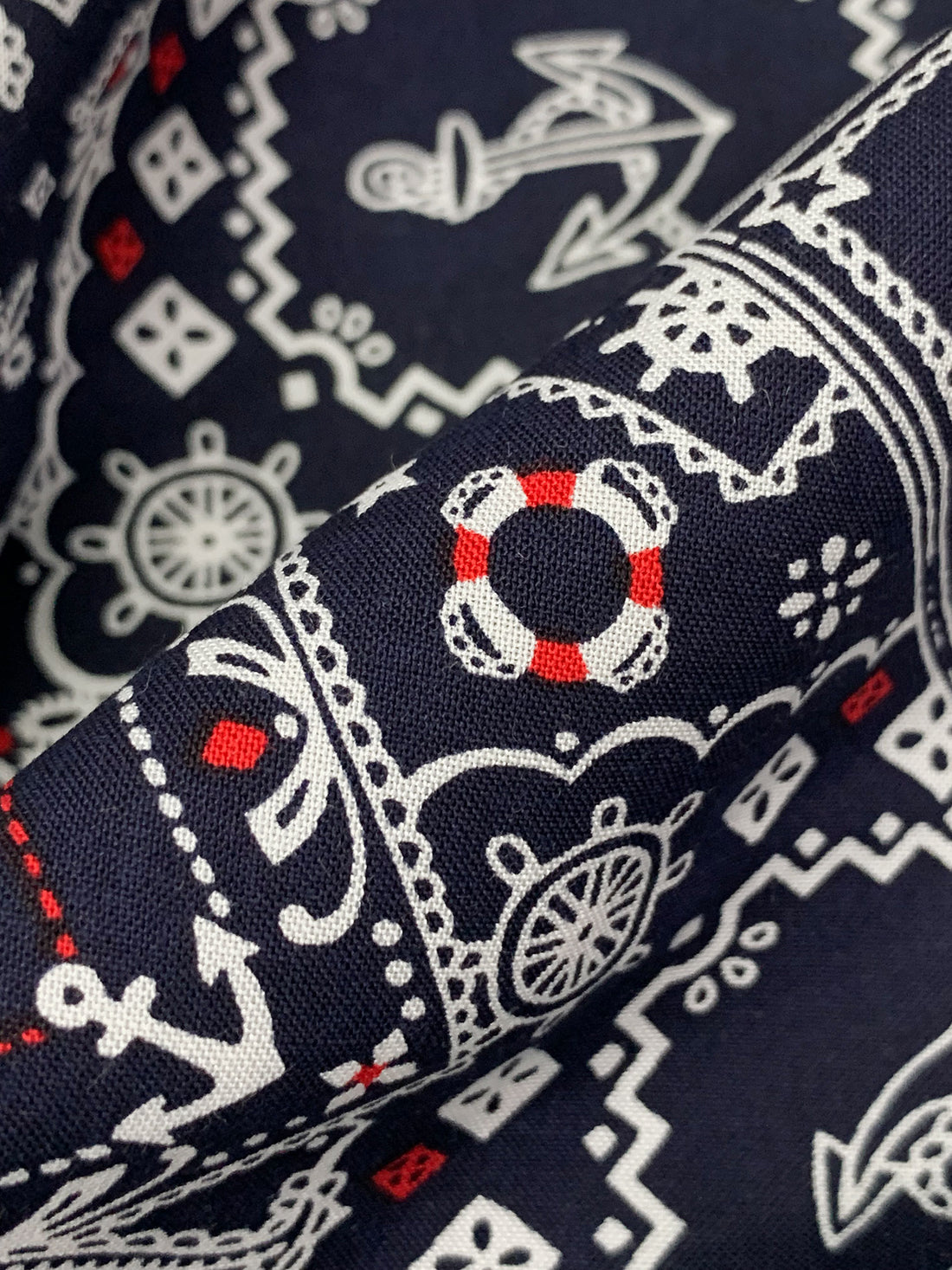 Dark Navy/White/Red 100% Rayon Stylized Nautical Print Challis 43W